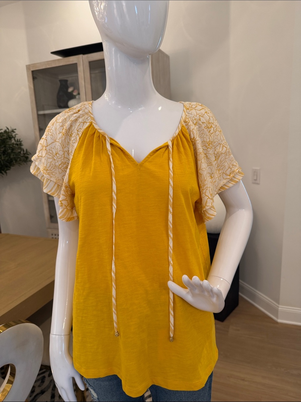 Yellow Flutter-Sleeve Tie-Neck Women's Top